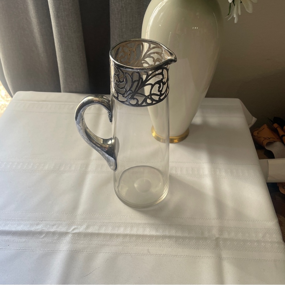 Antique Art Nouveau Sterling Silver and Crystal Martini Pitcher.
